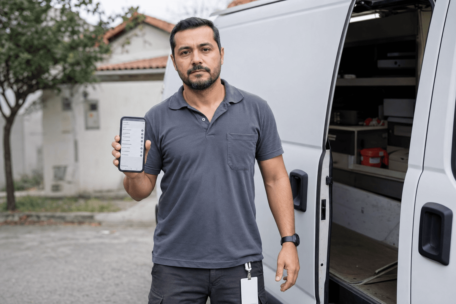 Técnico em campo usando o celular para registrar evidências